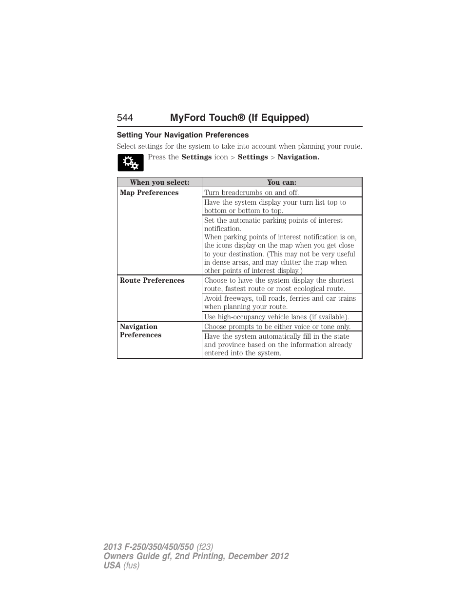 Setting your navigation preferences, 544 myford touch® (if equipped) | FORD 2013 F-550 v.2 User Manual | Page 545 / 579