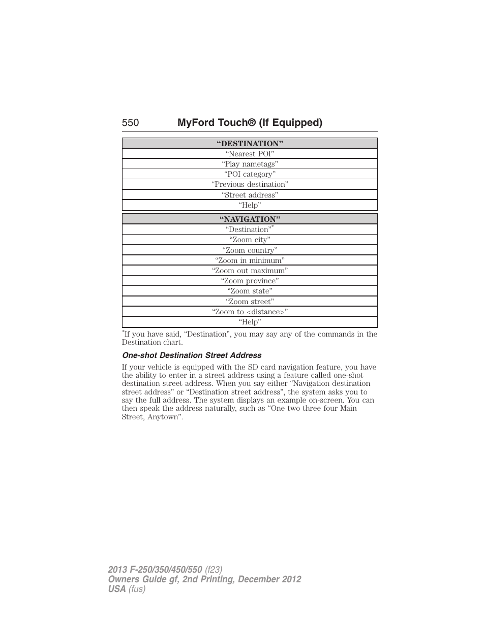 One-shot destination street address, 550 myford touch® (if equipped) | FORD 2013 F-550 v.2 User Manual | Page 551 / 579