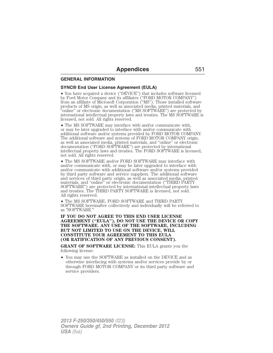 Appendices, General information, Sync® end user license agreement (eula) | Appendices 551 | FORD 2013 F-550 v.2 User Manual | Page 552 / 579