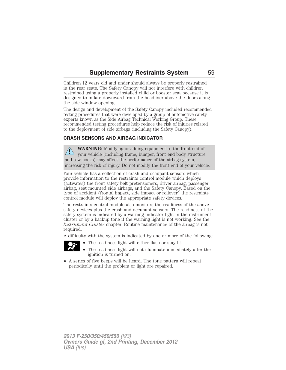 Crash sensors and airbag indicator, Supplementary restraints system 59 | FORD 2013 F-550 v.2 User Manual | Page 60 / 579