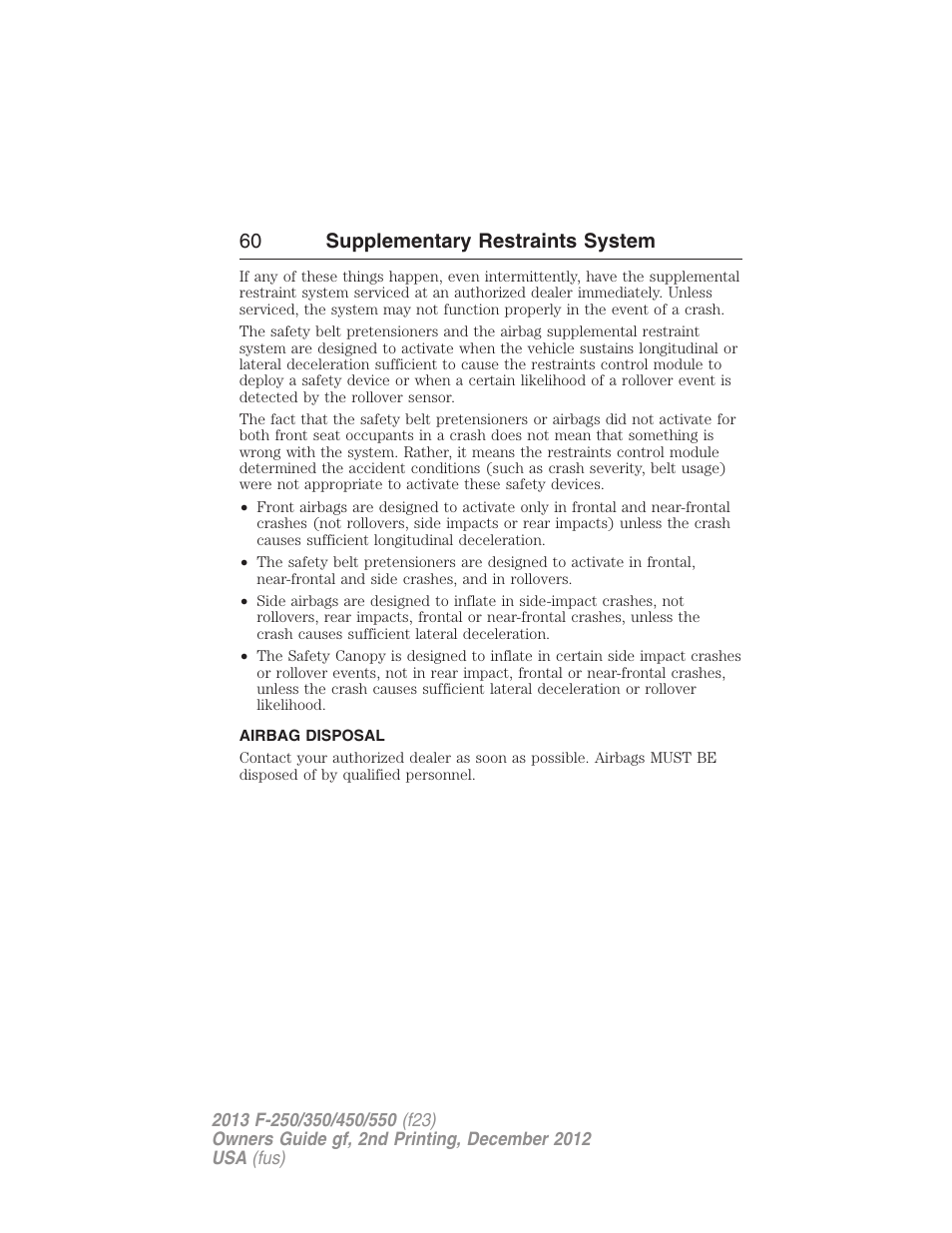 Airbag disposal, 60 supplementary restraints system | FORD 2013 F-550 v.2 User Manual | Page 61 / 579