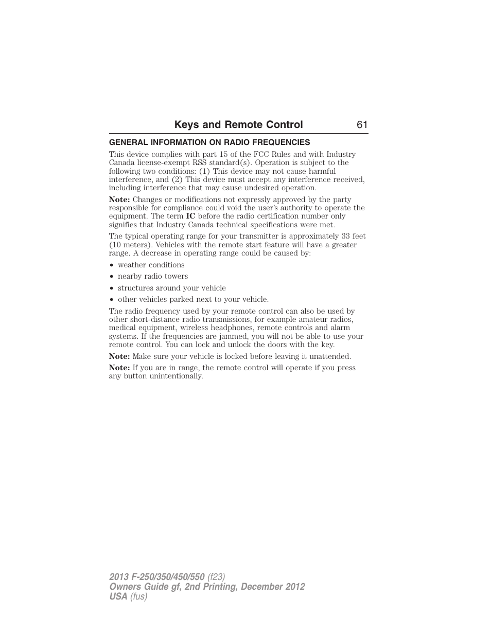 Keys and remote control, General information on radio frequencies, Keys and remote control 61 | FORD 2013 F-550 v.2 User Manual | Page 62 / 579