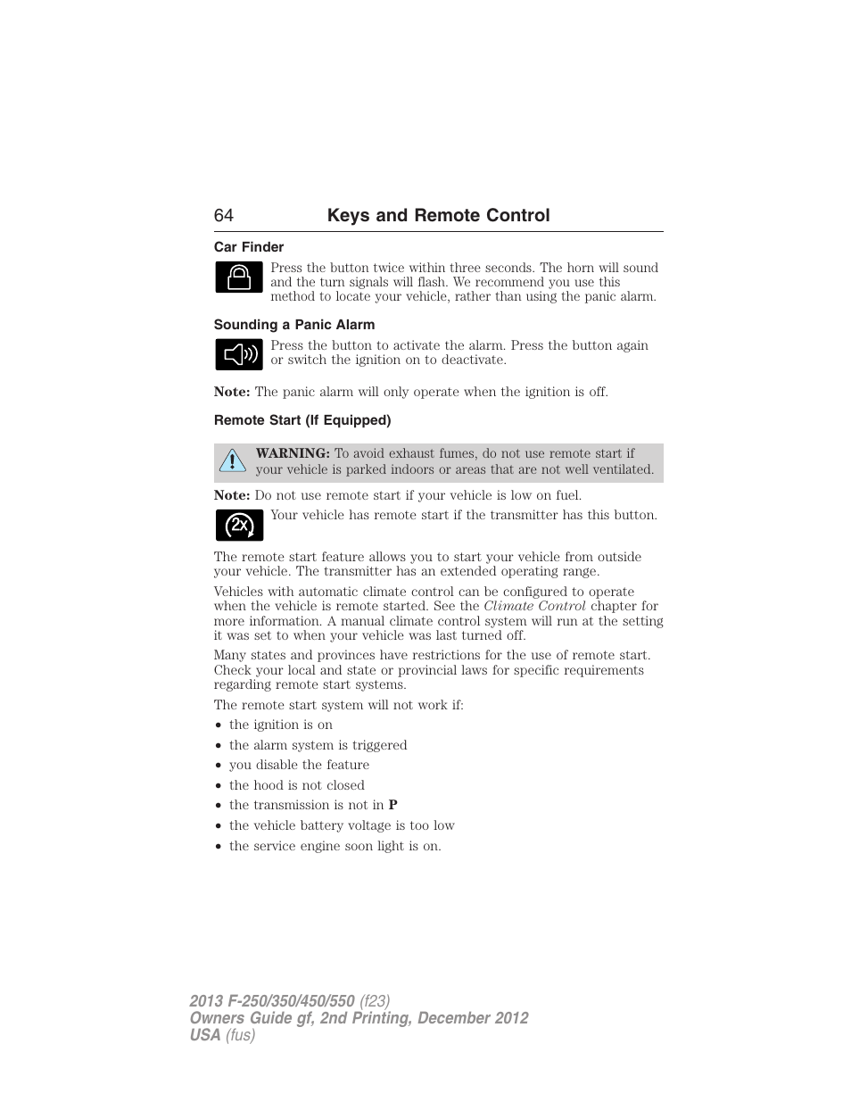 Car finder, Sounding a panic alarm, Remote start (if equipped) | 64 keys and remote control | FORD 2013 F-550 v.2 User Manual | Page 65 / 579