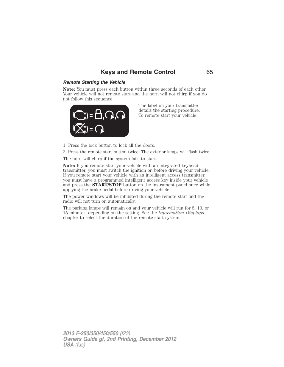 Remote starting the vehicle, Keys and remote control 65 | FORD 2013 F-550 v.2 User Manual | Page 66 / 579