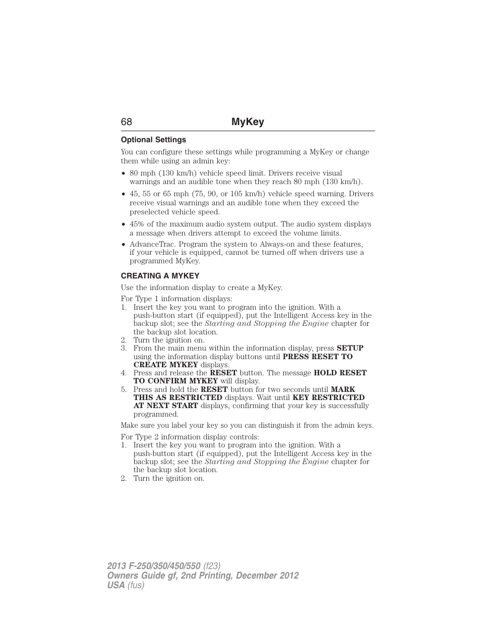 Optional settings, Creating a mykey, Creating | 68 mykey | FORD 2013 F-550 v.2 User Manual | Page 69 / 579