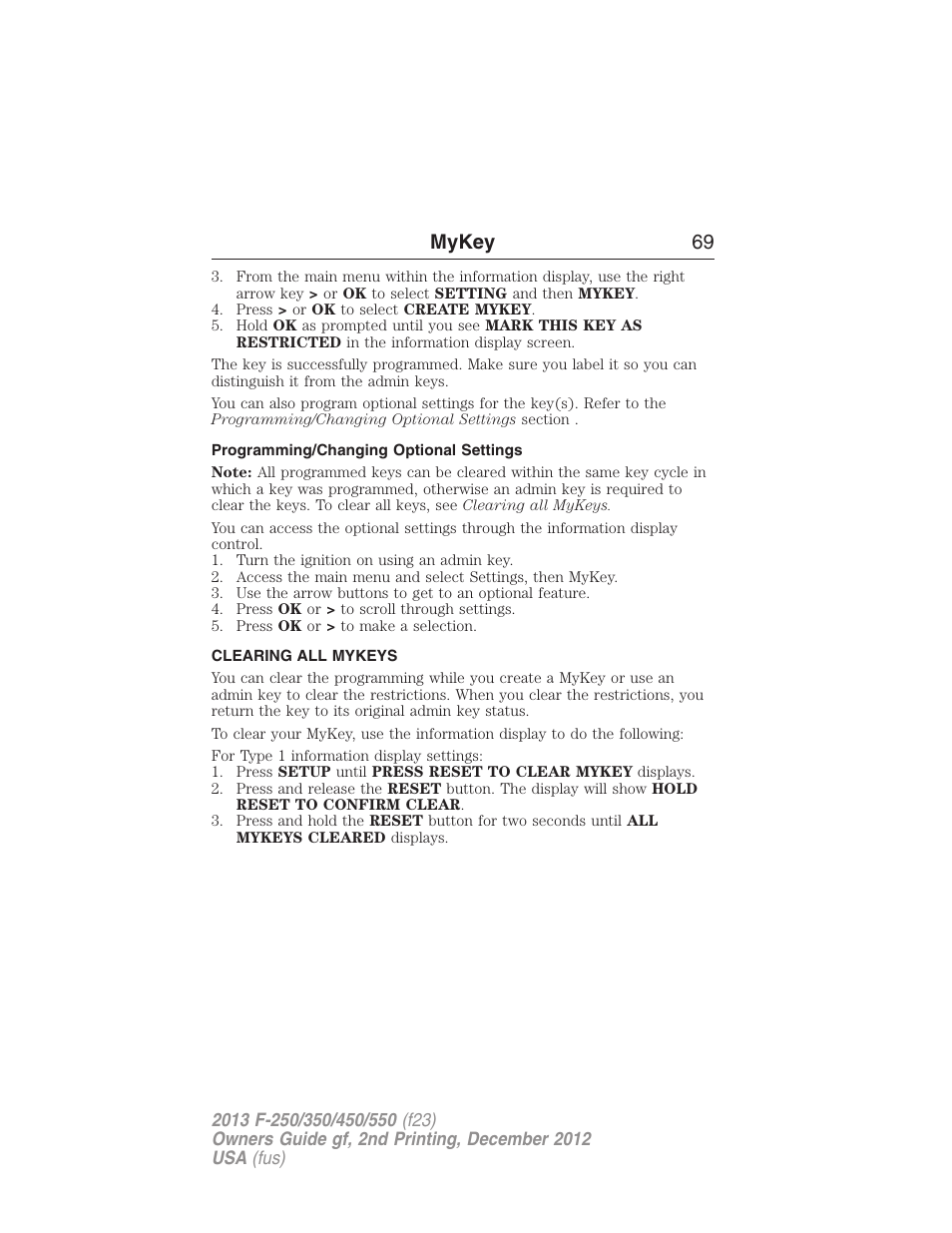 Programming/changing optional settings, Clearing all mykeys, Clearing | Mykey 69 | FORD 2013 F-550 v.2 User Manual | Page 70 / 579