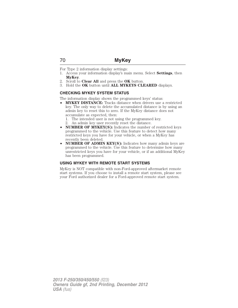 Checking mykey system status, Using mykey with remote start systems, System status | Remote start, mykey, 70 mykey | FORD 2013 F-550 v.2 User Manual | Page 71 / 579