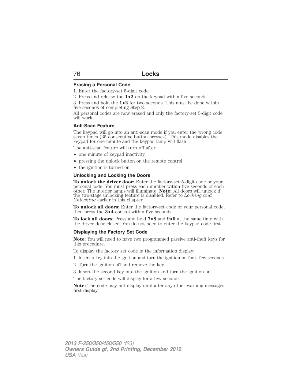 Erasing a personal code, Anti-scan feature, Unlocking and locking the doors | Displaying the factory set code, 76 locks | FORD 2013 F-550 v.2 User Manual | Page 77 / 579