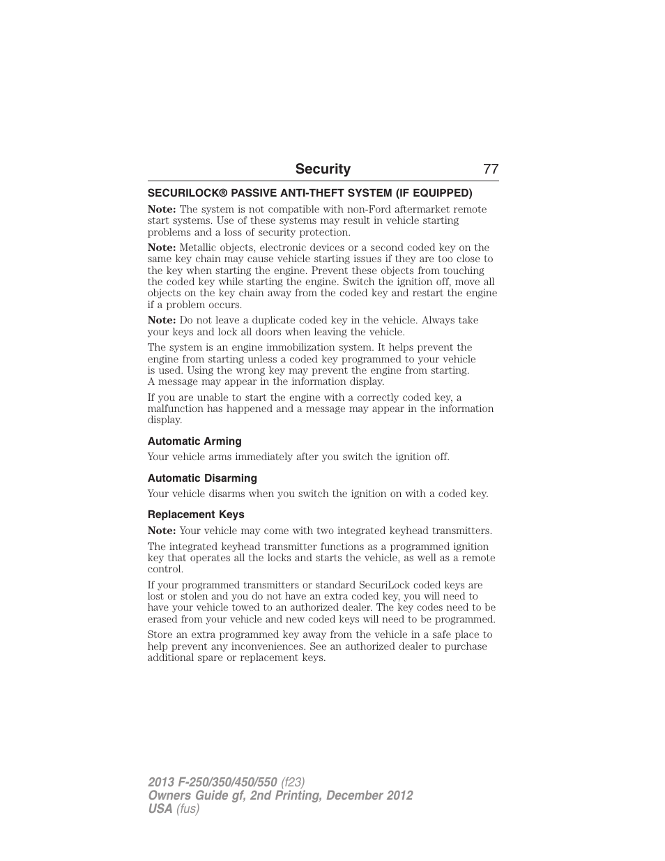 Security, Automatic arming, Automatic disarming | Replacement keys, Securilock® passive anti-theft system, Security 77 | FORD 2013 F-550 v.2 User Manual | Page 78 / 579