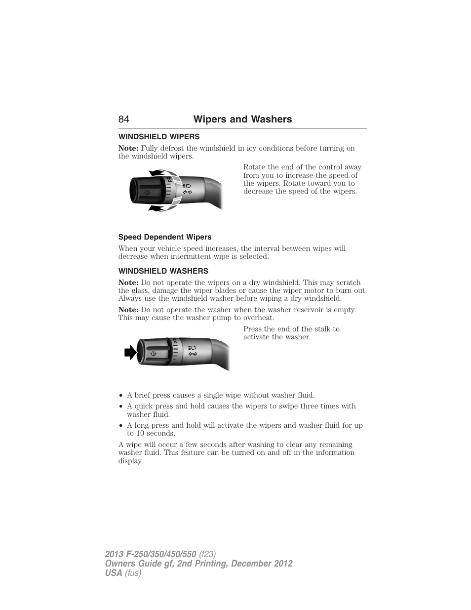 Wipers and washers, Windshield wipers, Speed dependent wipers | Windshield washers, 84 wipers and washers | FORD 2013 F-550 v.2 User Manual | Page 85 / 579