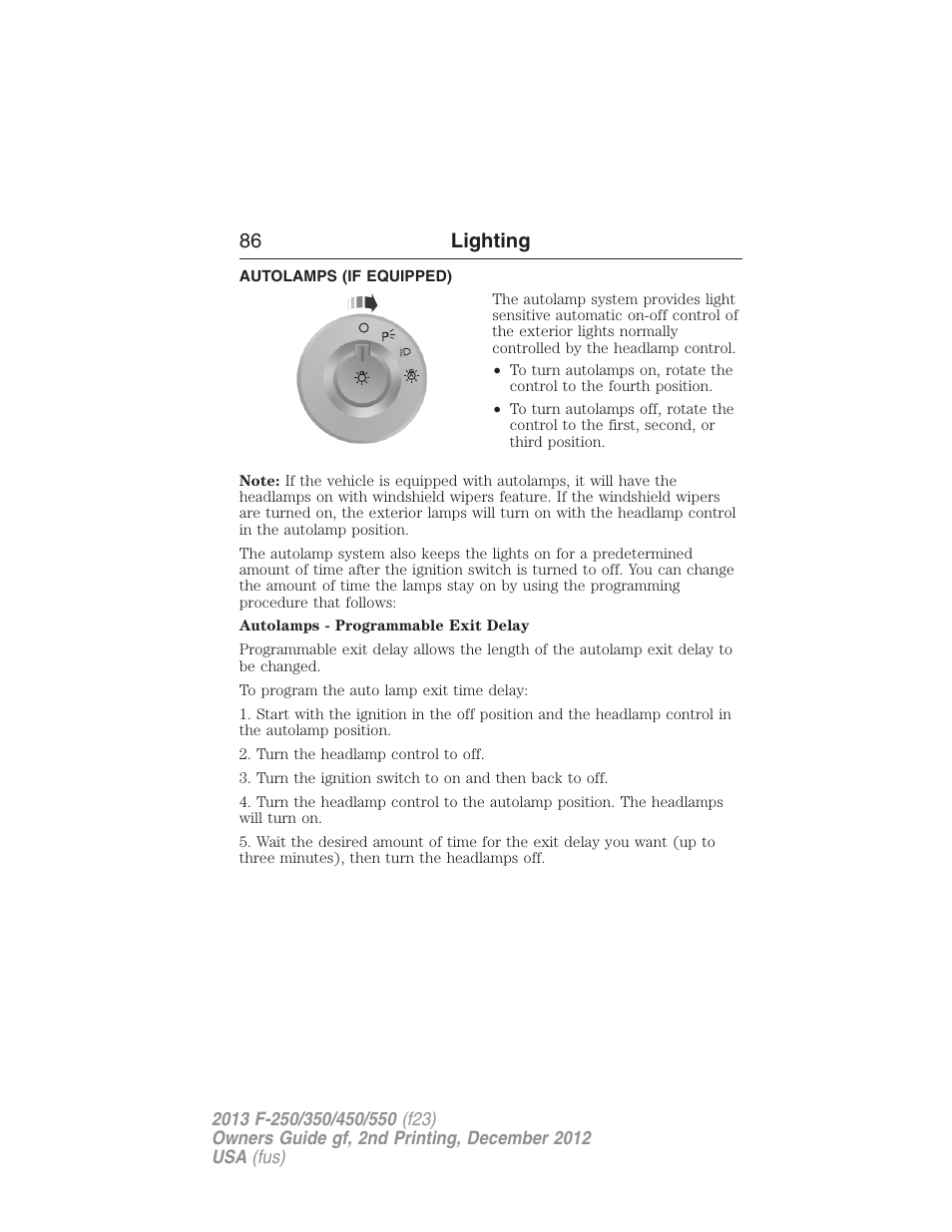 Autolamps (if equipped), Autolamps, 86 lighting | FORD 2013 F-550 v.2 User Manual | Page 87 / 579