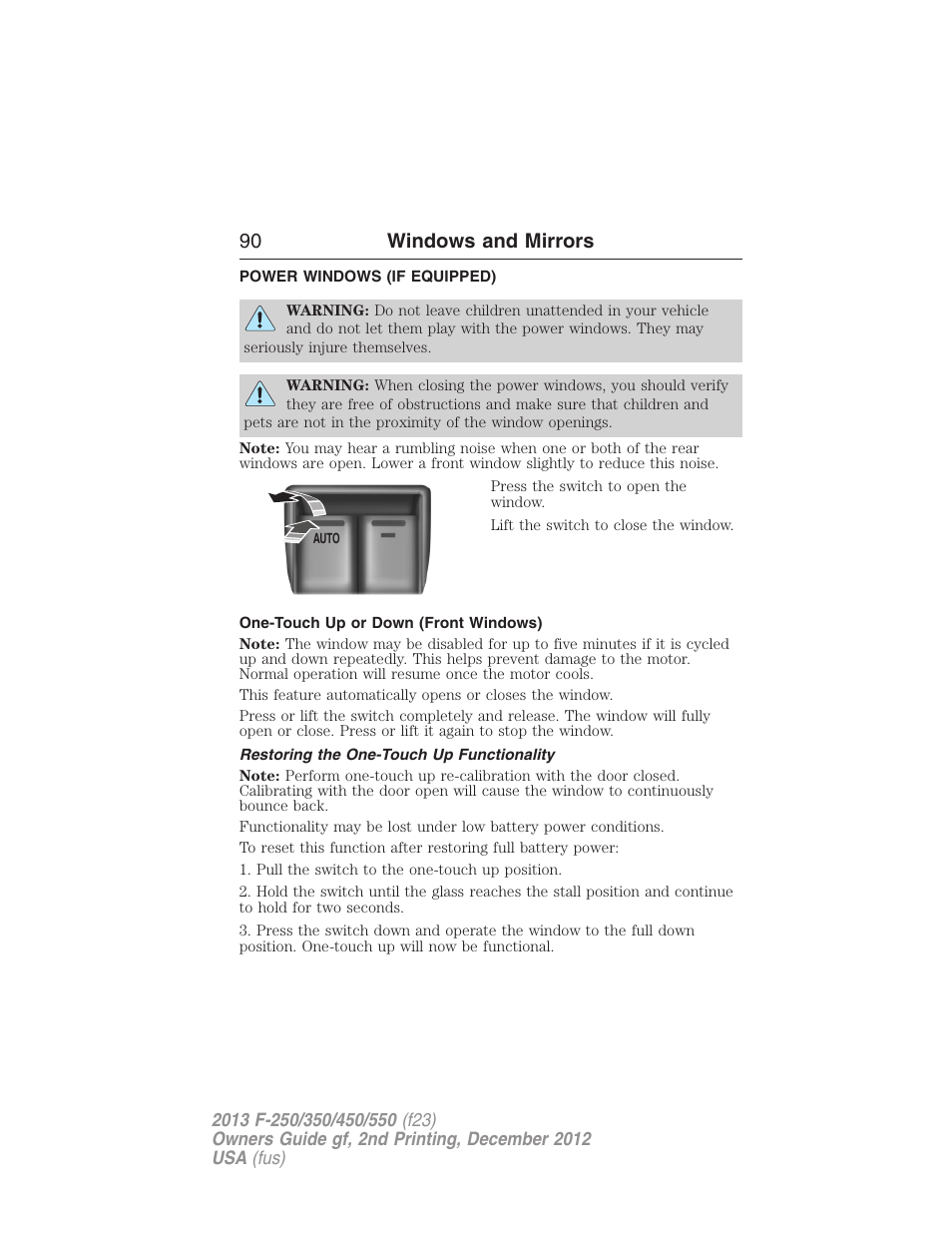 Windows and mirrors, Power windows (if equipped), One-touch up or down (front windows) | Restoring the one-touch up functionality, Power windows, 90 windows and mirrors | FORD 2013 F-550 v.2 User Manual | Page 91 / 579