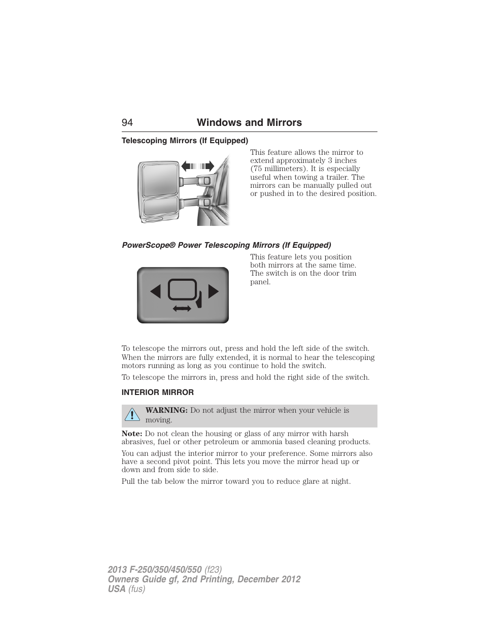 Telescoping mirrors (if equipped), Interior mirror, Interior mirrors | 94 windows and mirrors | FORD 2013 F-550 v.2 User Manual | Page 95 / 579