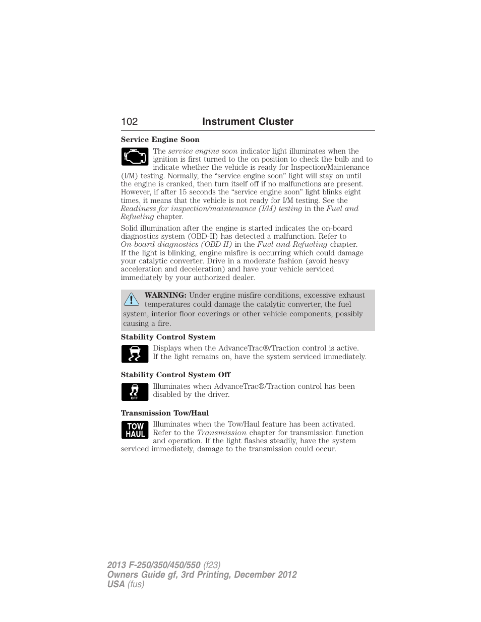 102 instrument cluster | FORD 2013 F-550 v.3 User Manual | Page 103 / 577