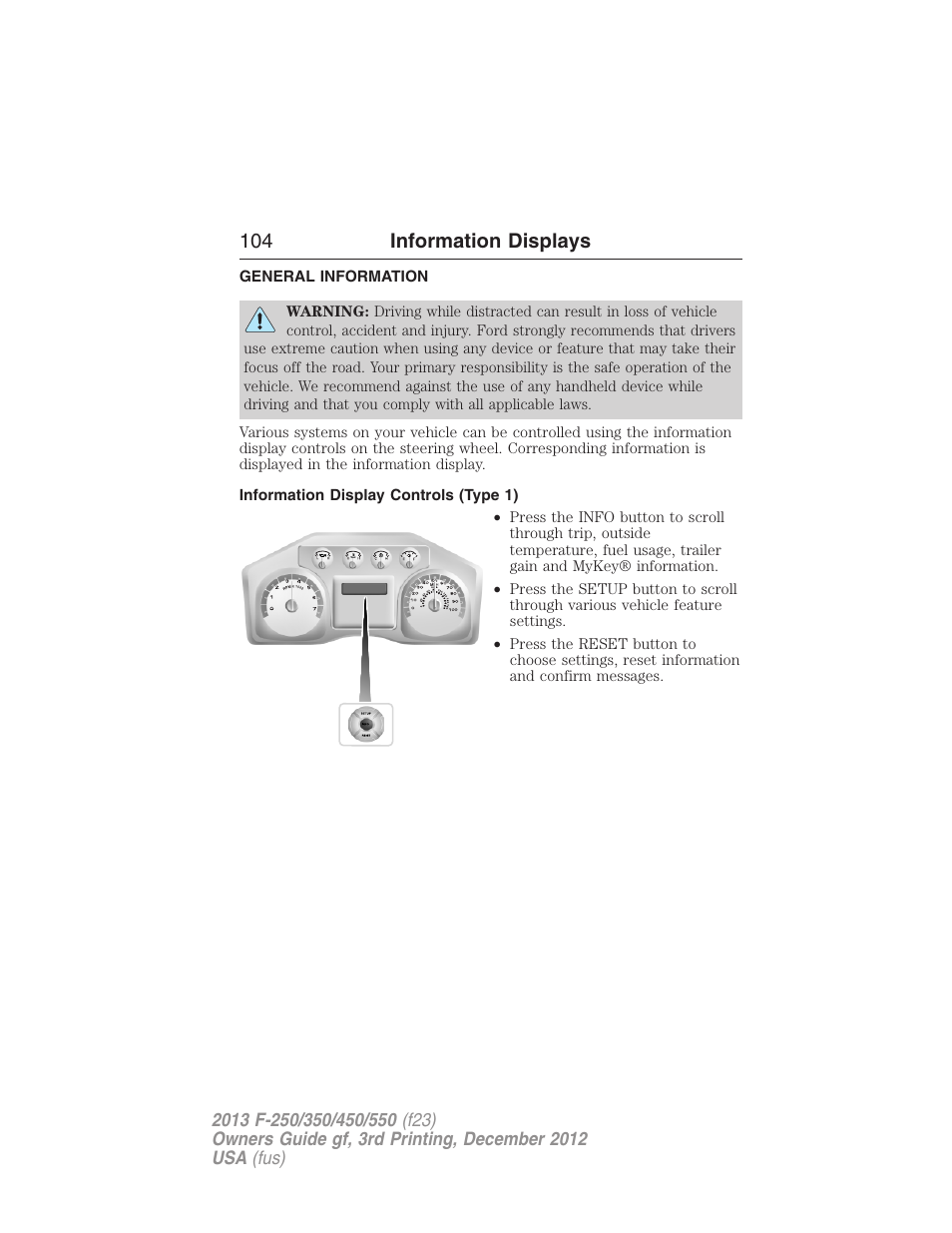 Information displays, General information, Information display controls (type 1) | Controls, 104 information displays | FORD 2013 F-550 v.3 User Manual | Page 105 / 577