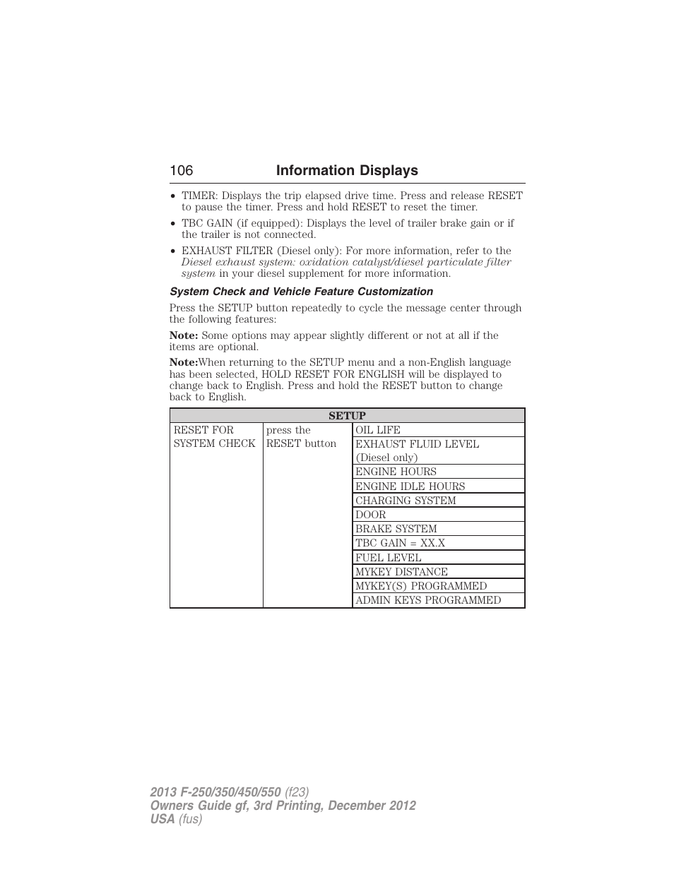 System check and vehicle feature customization, 106 information displays | FORD 2013 F-550 v.3 User Manual | Page 107 / 577