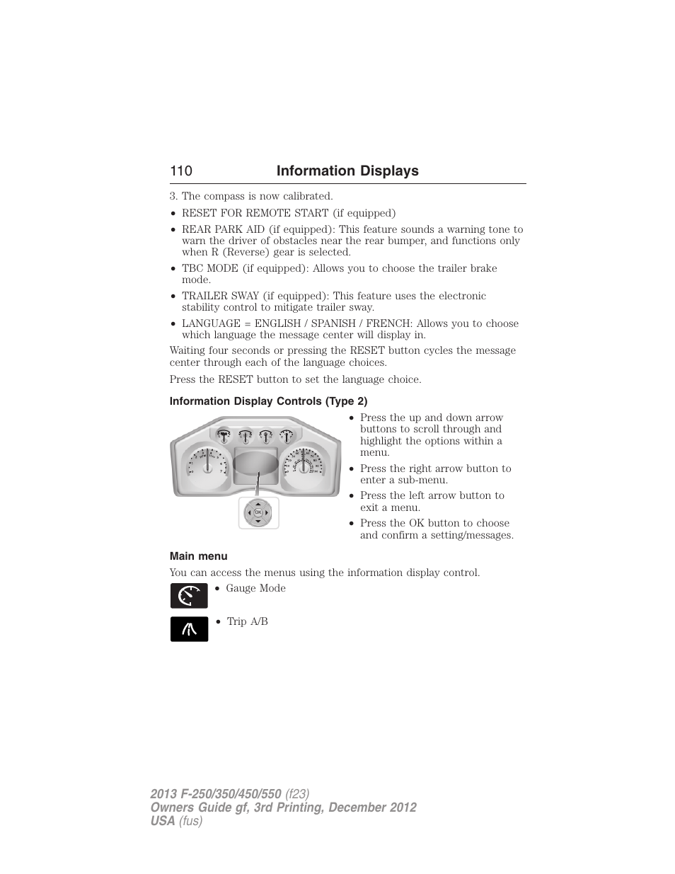 Information display controls (type 2), Main menu, 110 information displays | FORD 2013 F-550 v.3 User Manual | Page 111 / 577