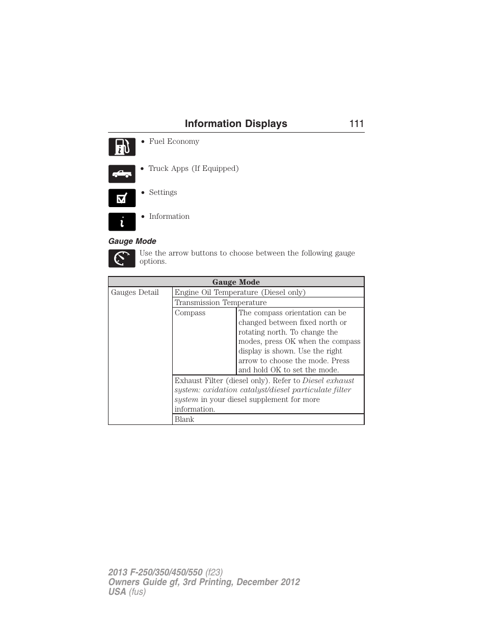 Gauge mode, Information displays 111 | FORD 2013 F-550 v.3 User Manual | Page 112 / 577