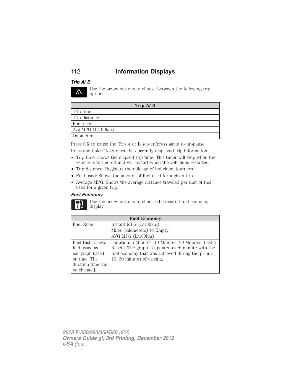 Trip a/ b, Fuel economy, 112 information displays | FORD 2013 F-550 v.3 User Manual | Page 113 / 577