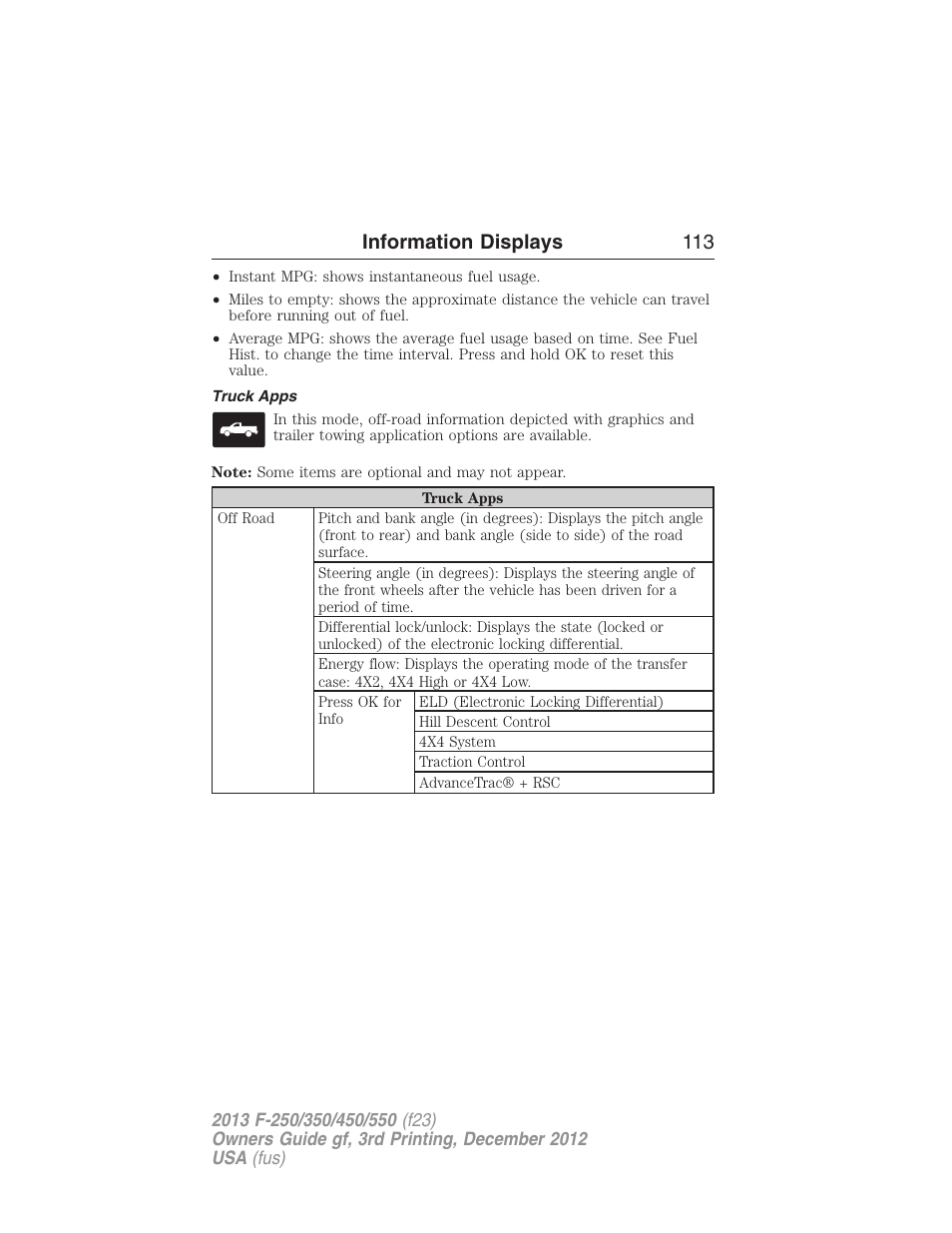 Truck apps, Information displays 113 | FORD 2013 F-550 v.3 User Manual | Page 114 / 577