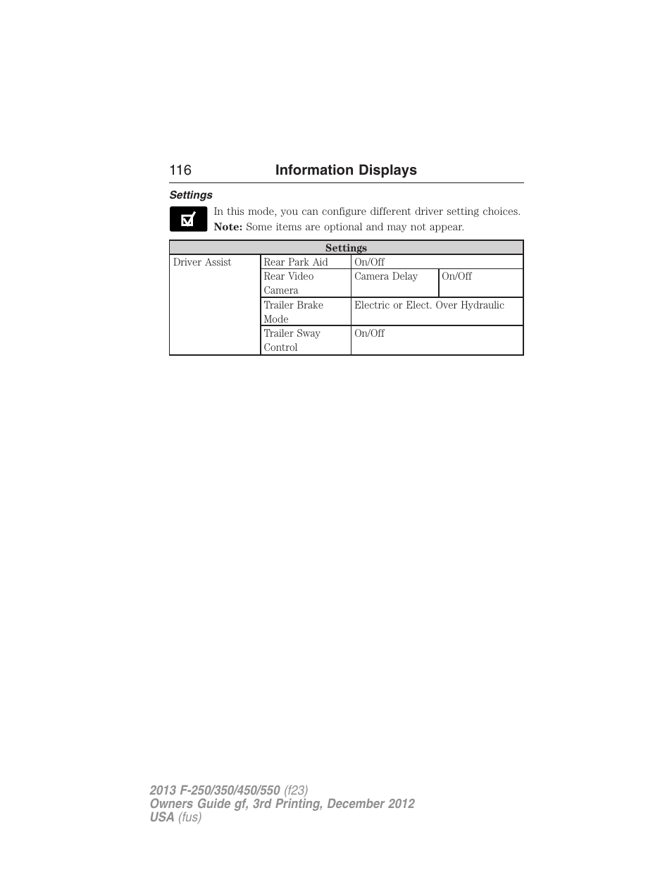 Settings, 116 information displays | FORD 2013 F-550 v.3 User Manual | Page 117 / 577