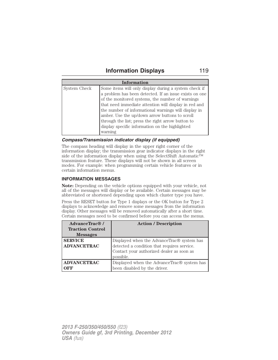 Information messages, Information displays 119 | FORD 2013 F-550 v.3 User Manual | Page 120 / 577