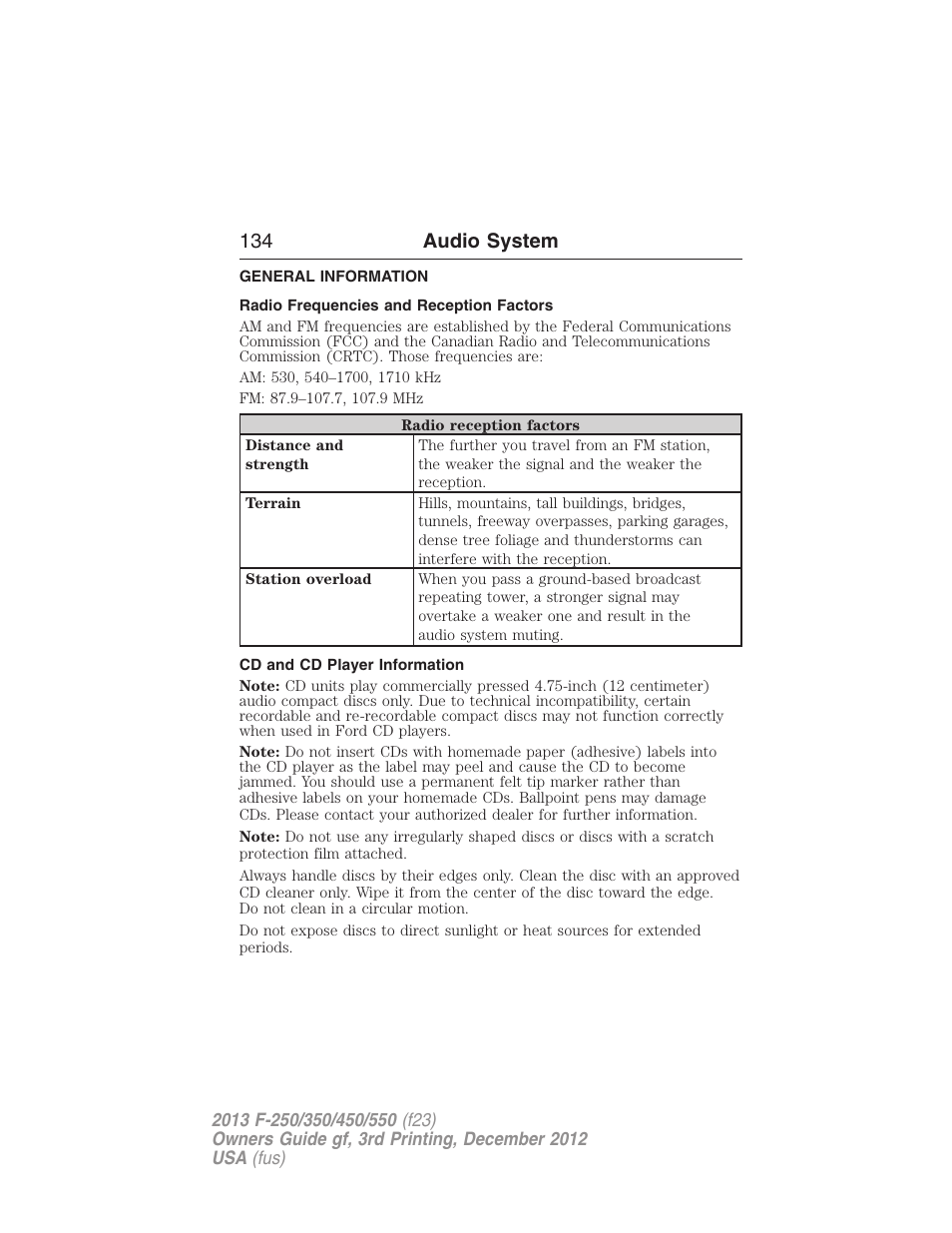 Audio system, General information, Radio frequencies and reception factors | Cd and cd player information, 134 audio system | FORD 2013 F-550 v.3 User Manual | Page 135 / 577