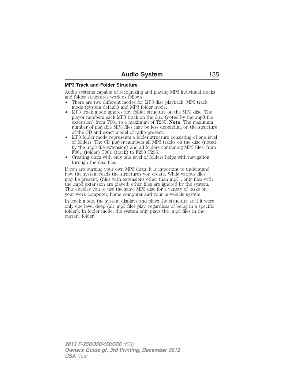 Mp3 track and folder structure, Audio system 135 | FORD 2013 F-550 v.3 User Manual | Page 136 / 577