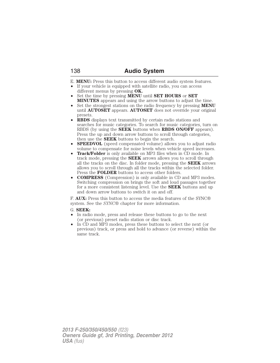 138 audio system | FORD 2013 F-550 v.3 User Manual | Page 139 / 577