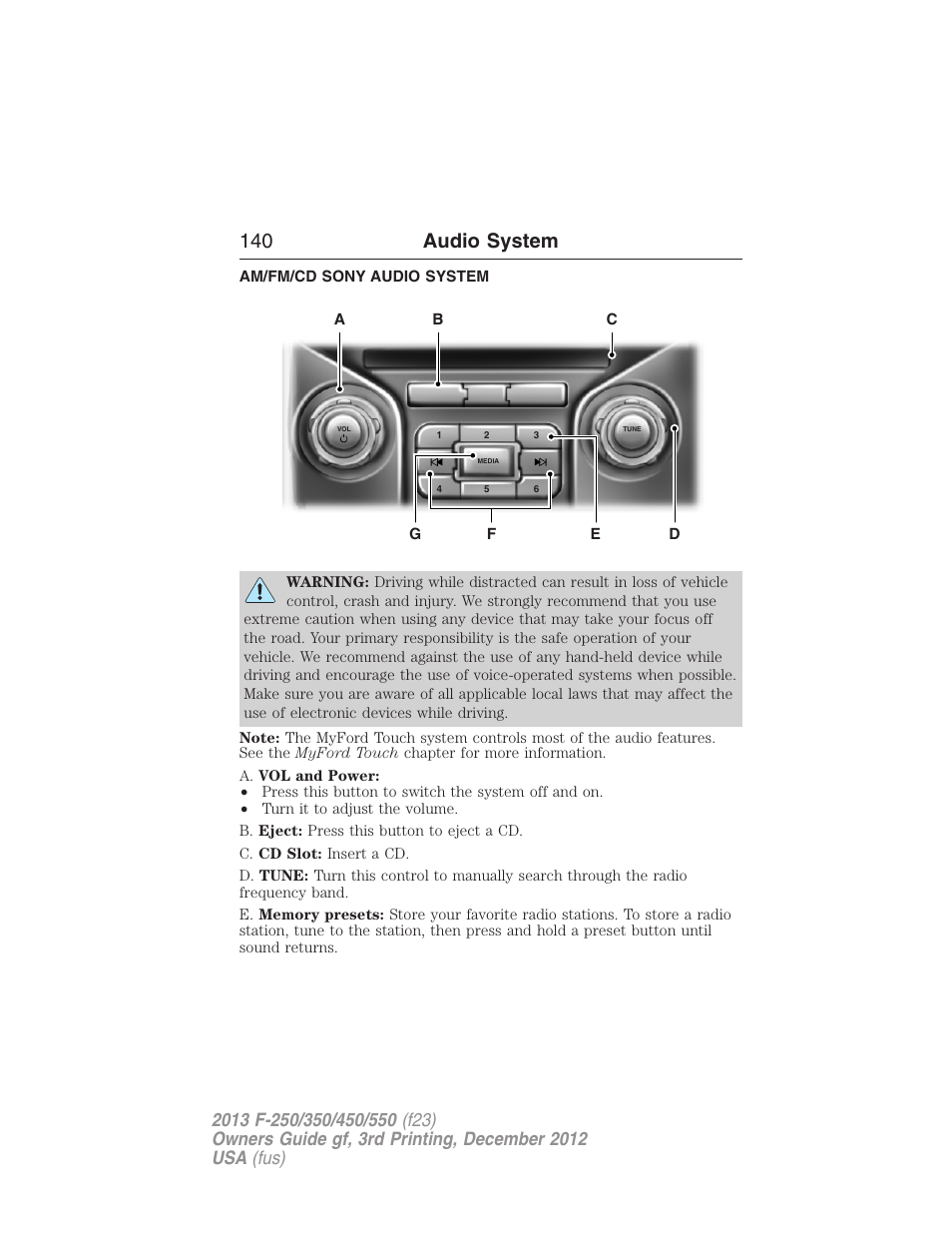 Am/fm/cd sony audio system, 140 audio system | FORD 2013 F-550 v.3 User Manual | Page 141 / 577