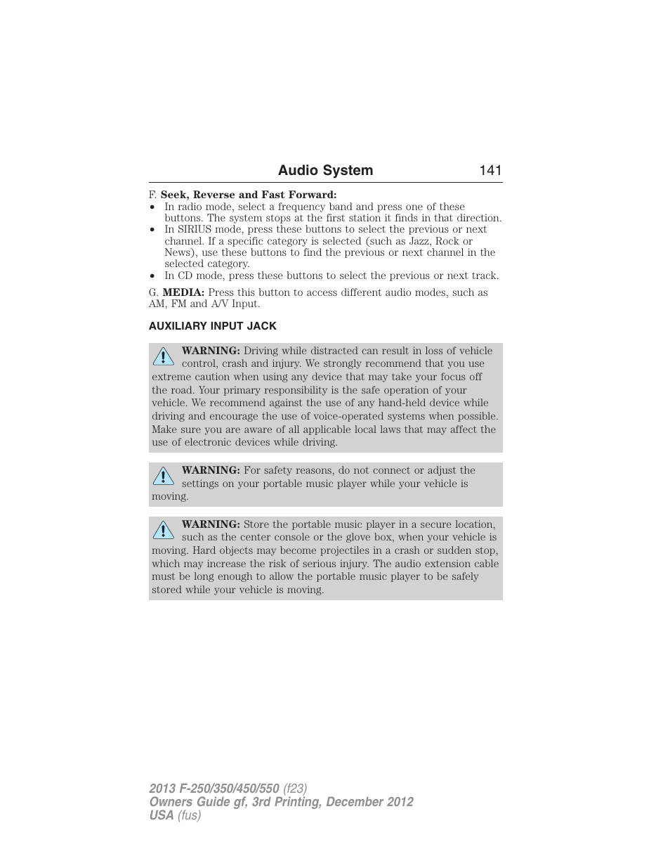 Auxiliary input jack, Audio system 141 | FORD 2013 F-550 v.3 User Manual | Page 142 / 577