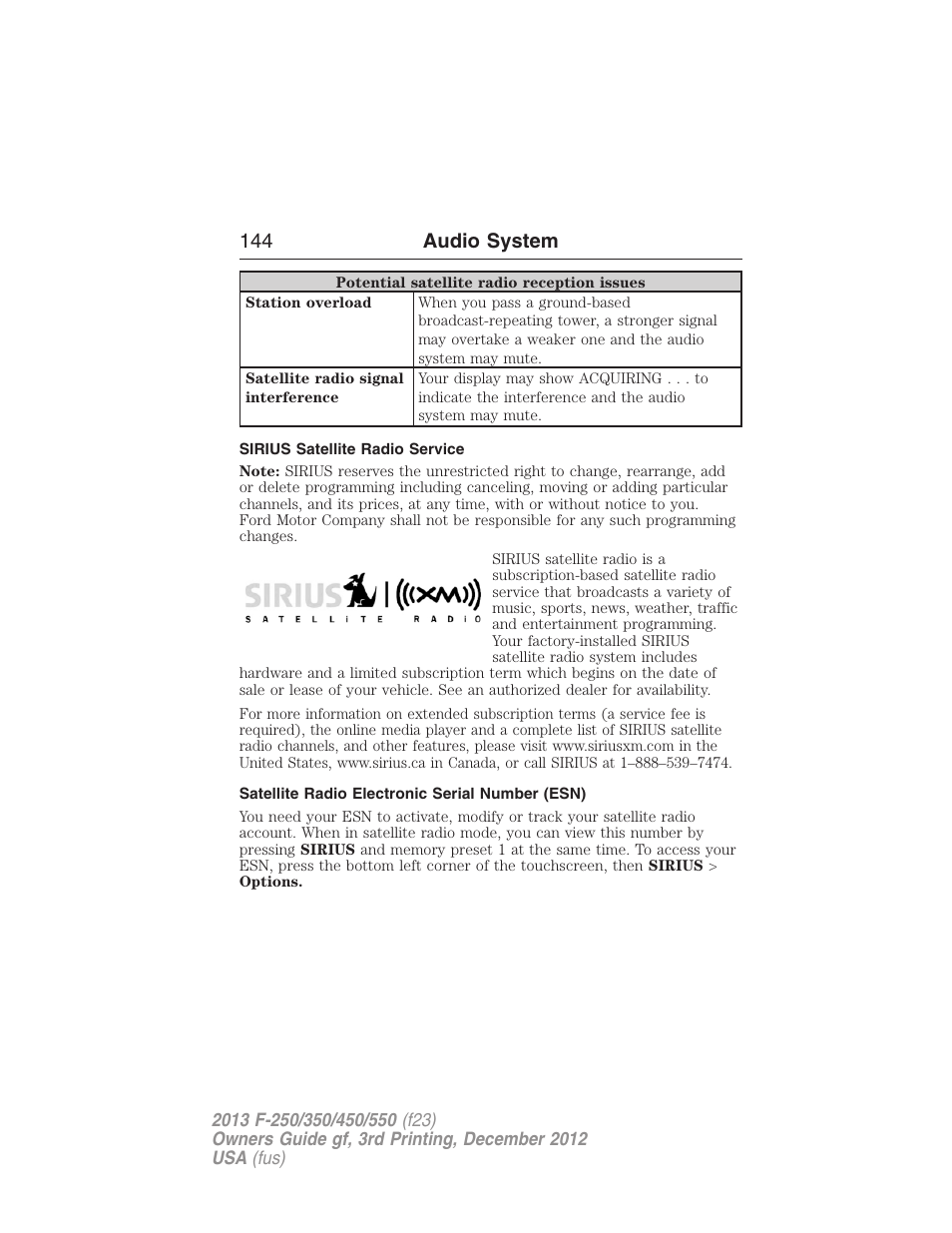 Sirius satellite radio service, Satellite radio electronic serial number (esn), 144 audio system | FORD 2013 F-550 v.3 User Manual | Page 145 / 577