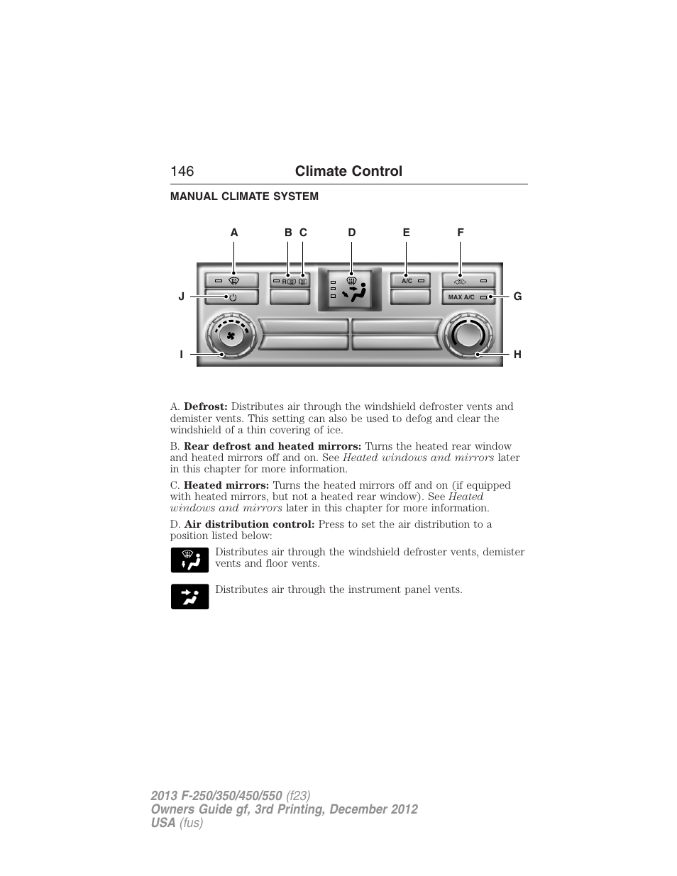 Climate control, Manual climate system, Manual heating and air conditioning | 146 climate control | FORD 2013 F-550 v.3 User Manual | Page 147 / 577