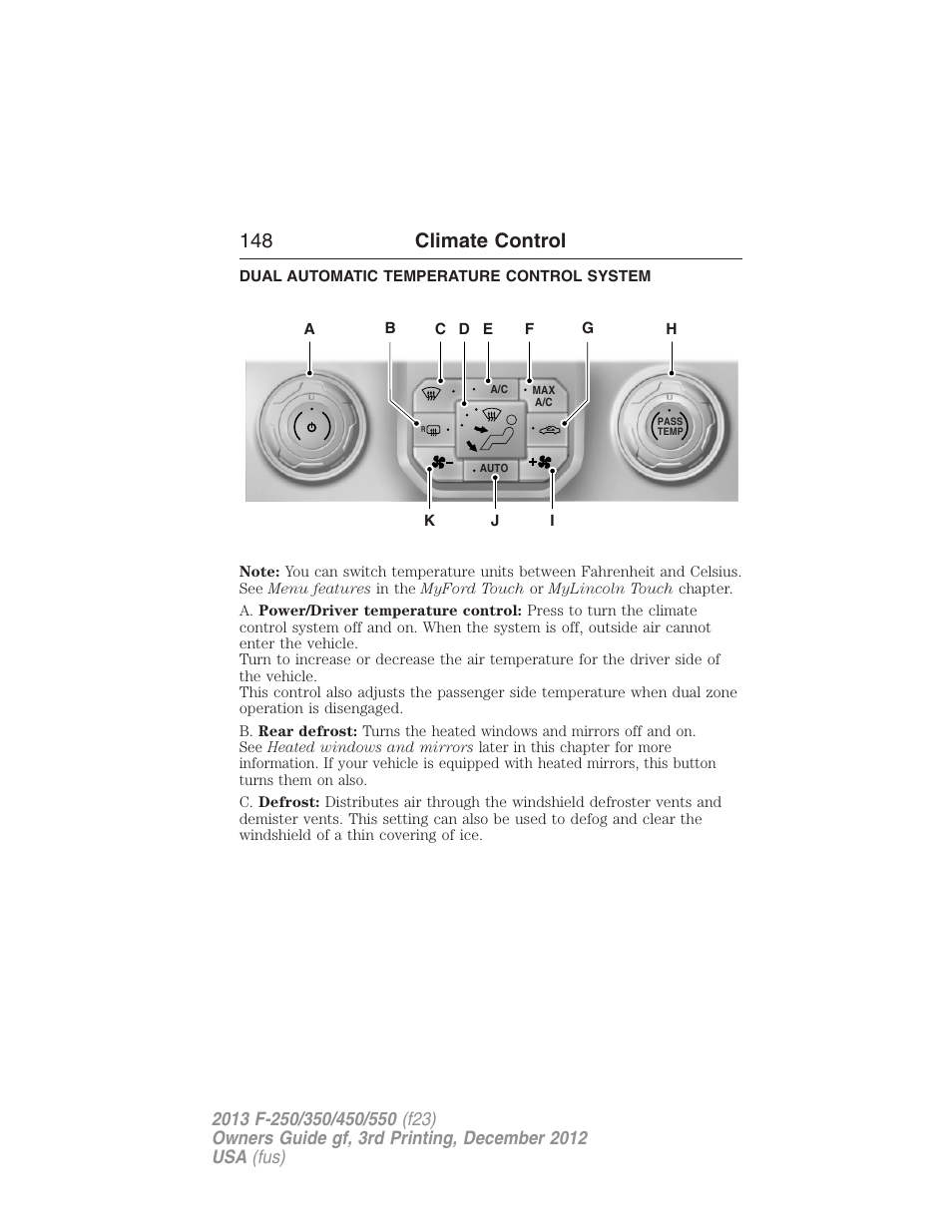 Dual automatic temperature control system, Dual automatic temperature control, 148 climate control | FORD 2013 F-550 v.3 User Manual | Page 149 / 577