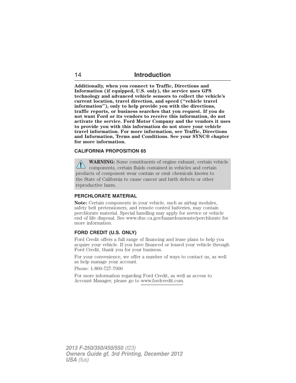 California proposition 65, Perchlorate material, Ford credit (u.s. only) | 14 introduction | FORD 2013 F-550 v.3 User Manual | Page 15 / 577