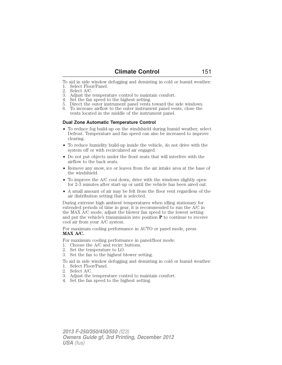 Dual zone automatic temperature control, Climate control 151 | FORD 2013 F-550 v.3 User Manual | Page 152 / 577