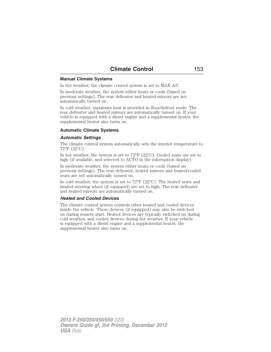 Manual climate systems, Automatic climate systems, Automatic settings | Heated and cooled devices, Climate control 153 | FORD 2013 F-550 v.3 User Manual | Page 154 / 577