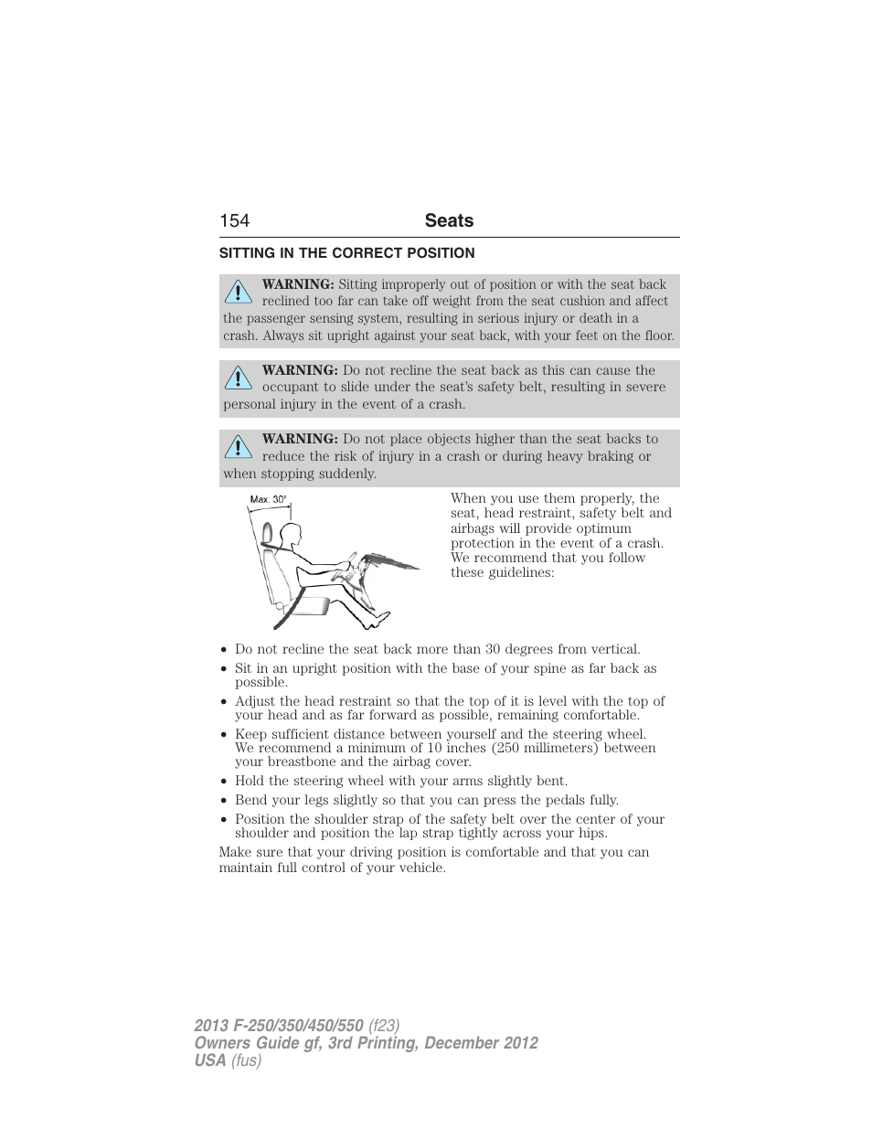 Seats, Sitting in the correct position, 154 seats | FORD 2013 F-550 v.3 User Manual | Page 155 / 577