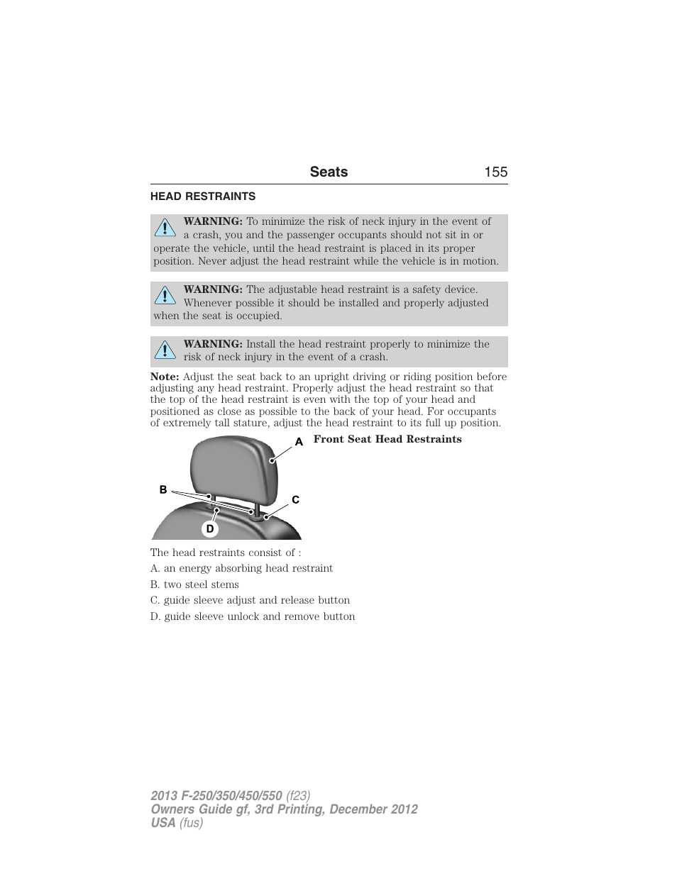 Head restraints, Seats 155 | FORD 2013 F-550 v.3 User Manual | Page 156 / 577