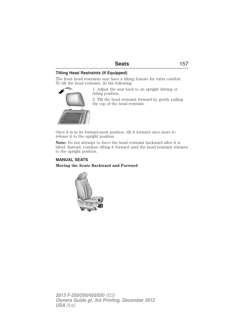 Tilting head restraints (if equipped), Manual seats, Seats 157 | FORD 2013 F-550 v.3 User Manual | Page 158 / 577