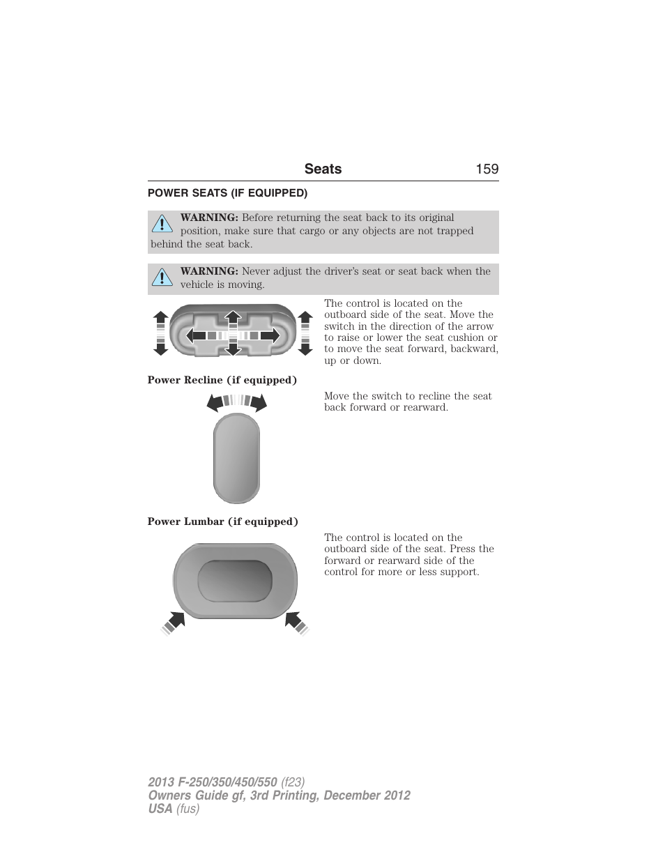 Power seats (if equipped), Power seats, Seats 159 | FORD 2013 F-550 v.3 User Manual | Page 160 / 577