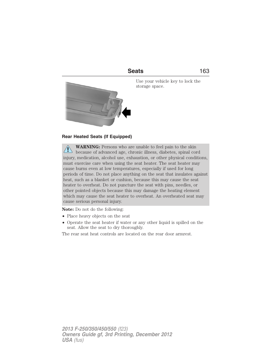 Rear heated seats (if equipped), Seats 163 | FORD 2013 F-550 v.3 User Manual | Page 164 / 577