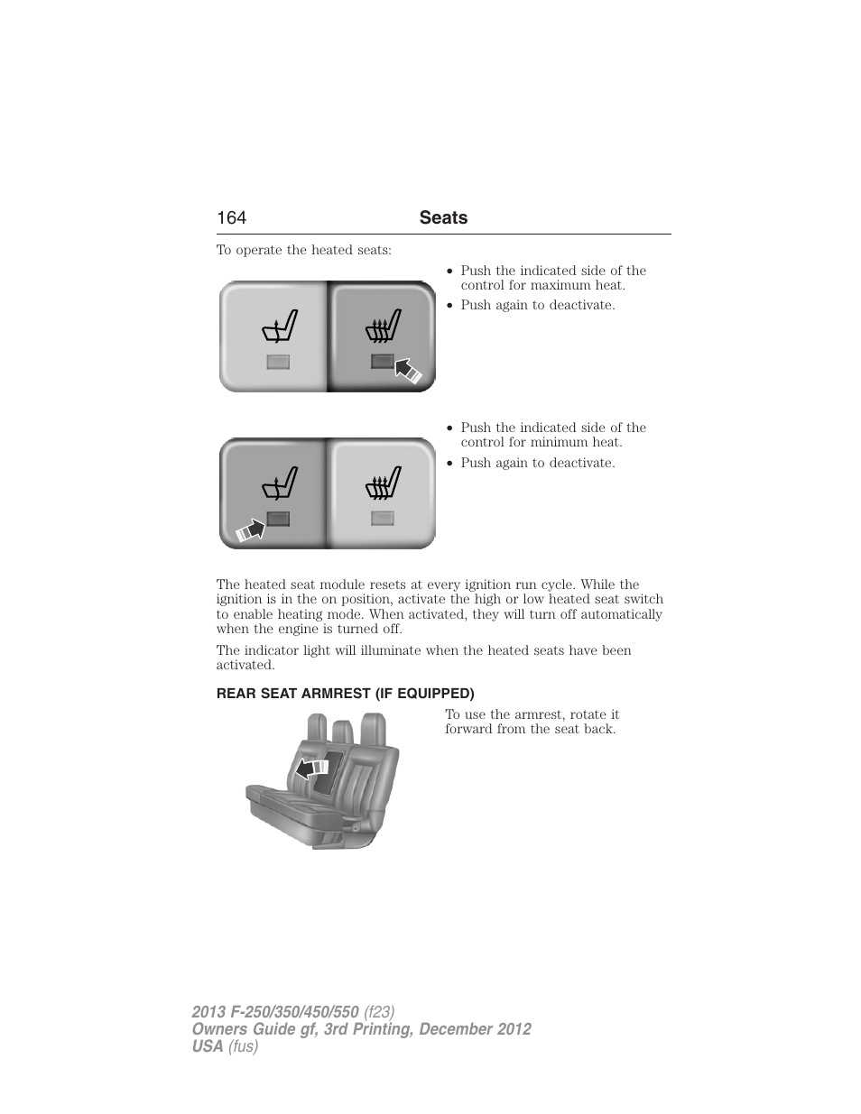 Rear seat armrest (if equipped), 164 seats | FORD 2013 F-550 v.3 User Manual | Page 165 / 577