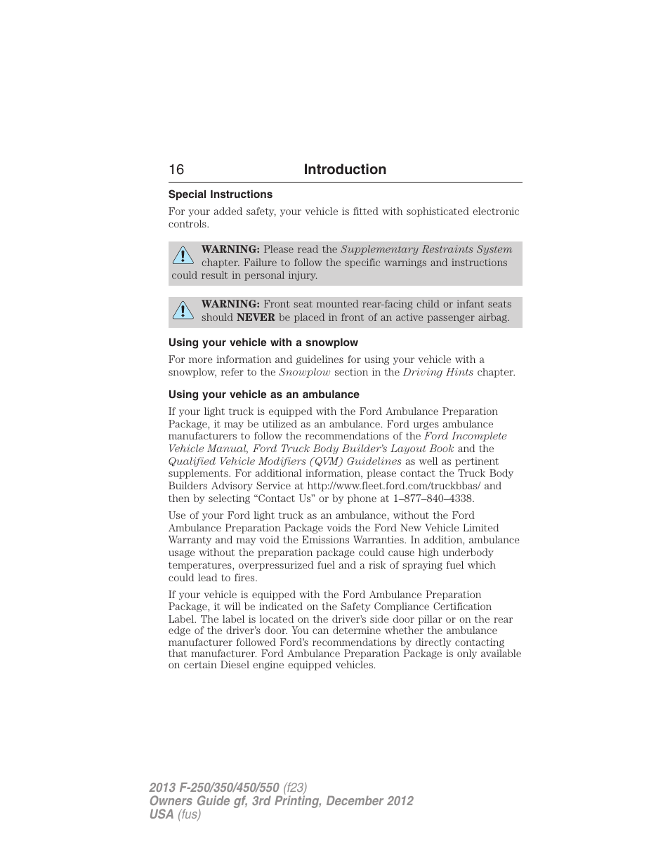 Special instructions, Using your vehicle with a snowplow, Using your vehicle as an ambulance | 16 introduction | FORD 2013 F-550 v.3 User Manual | Page 17 / 577