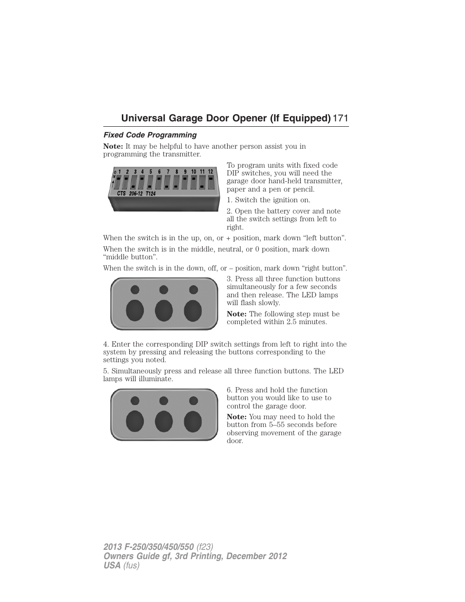 Fixed code programming, Universal garage door opener (if equipped) 171 | FORD 2013 F-550 v.3 User Manual | Page 172 / 577