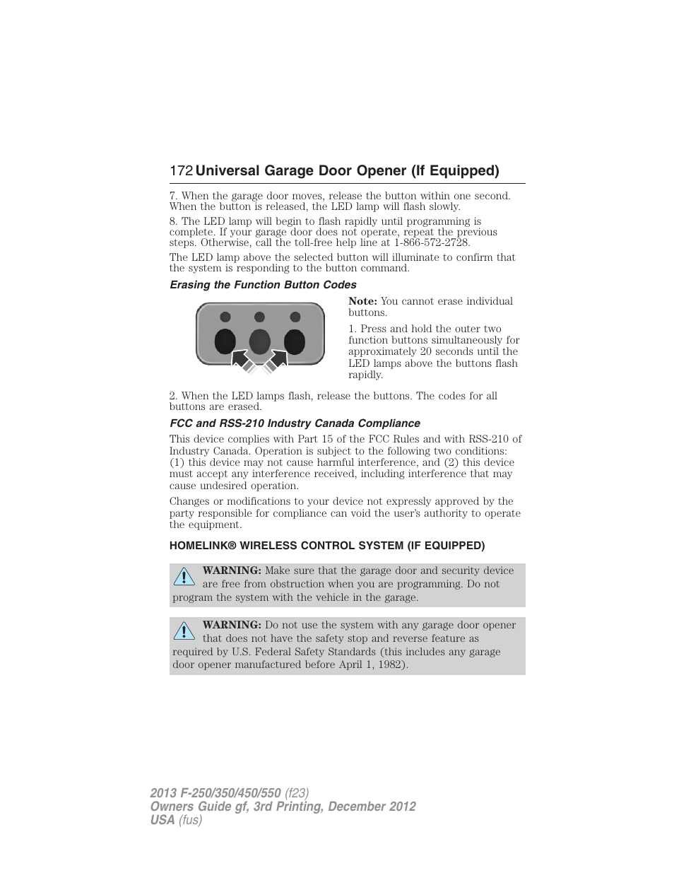 Erasing the function button codes, Fcc and rss-210 industry canada compliance, Homelink® wireless control system (if equipped) | Homelink® wireless control system, 172 universal garage door opener (if equipped) | FORD 2013 F-550 v.3 User Manual | Page 173 / 577