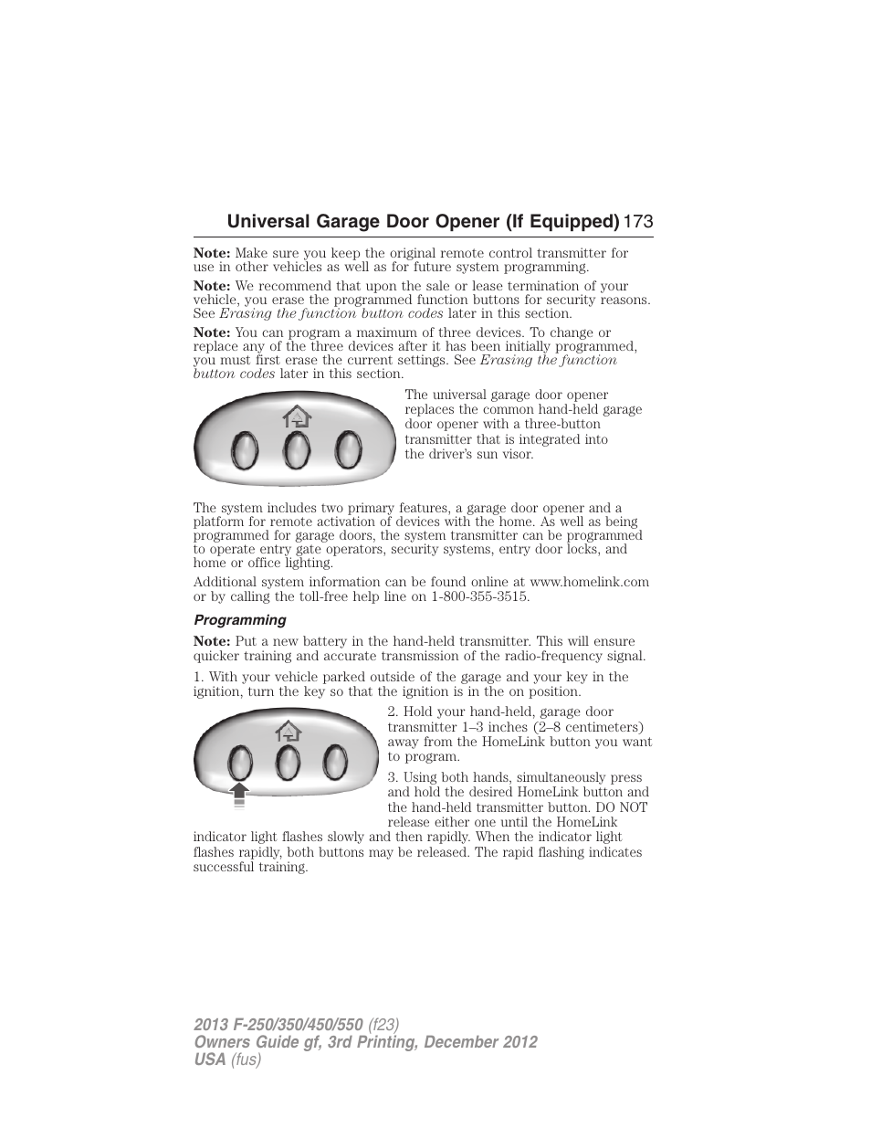 Programming, Universal garage door opener (if equipped) 173 | FORD 2013 F-550 v.3 User Manual | Page 174 / 577