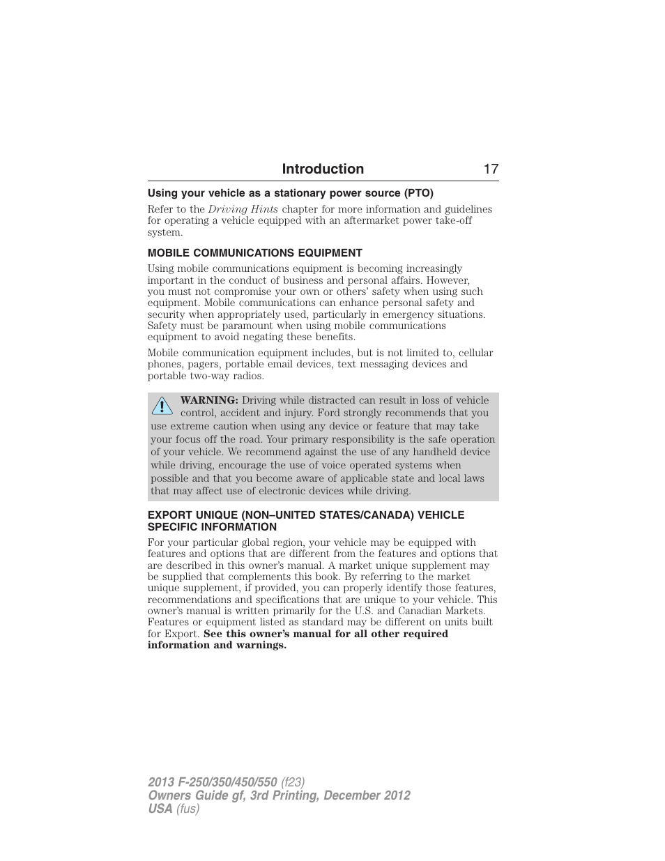 Mobile communications equipment, Introduction 17 | FORD 2013 F-550 v.3 User Manual | Page 18 / 577