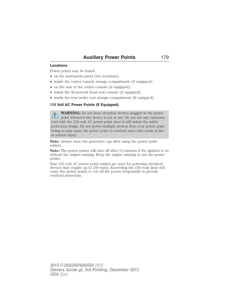 Locations, 110 volt ac power points (if equipped), Auxiliary power points 179 | FORD 2013 F-550 v.3 User Manual | Page 180 / 577