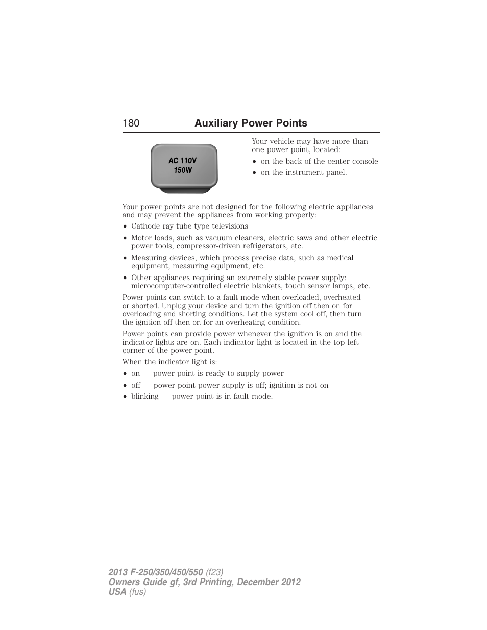 180 auxiliary power points | FORD 2013 F-550 v.3 User Manual | Page 181 / 577